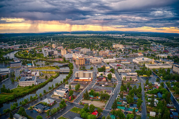 Aerial View of Downtown Fairbanks, Alaska during a stormy Summer Sunset