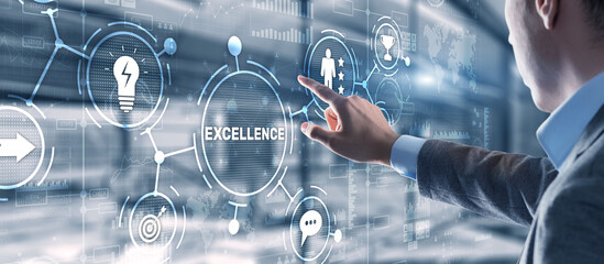 Fototapeta Excellence Concept. Quality Service. Businessman pressing Excellence virtual screen obraz