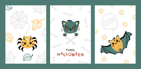 Fototapeta na wymiar Halloween Party Posters or Greeting Cards Set. Cute Kawaii halloween Animal Characters: Spider, Cat and Bat. Fun Collection for Kids Vector illustration