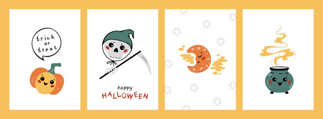 Halloween Party Posters or Greeting Cards Set. Cute Kawaii halloween Characters: Pumpkin, Scull, Moon and Witch Cauldron. Fun Collection for Kids Vector illustration