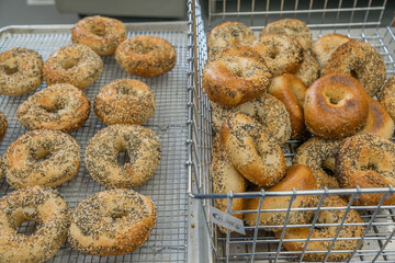 Close-up of freshly baked bagels with seeds on top.