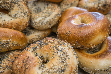 Close-up of freshly baked bagels with seeds on top.