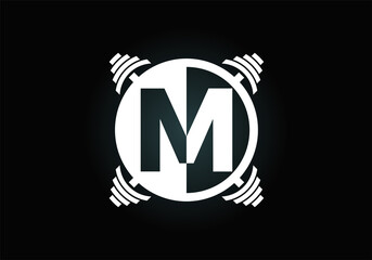 Initial M monogram alphabet with a barbell. Lifting vector logo design. Modern vector logo for bodybuilding, gym, fitness club, business, and company identity
