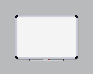 Whiteboard with marker. Board for office, school and class. Whiteboard with frame for presentation and meeting in classroom. White blank blackboard isolated for notice and drawing. Vector