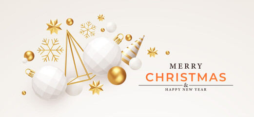 Merry Christmas and Happy New Year Background. Gold and White 3d objects holidays composition. Christmas tree, Christmas decorations, snowflakes and stars. Vector illustration