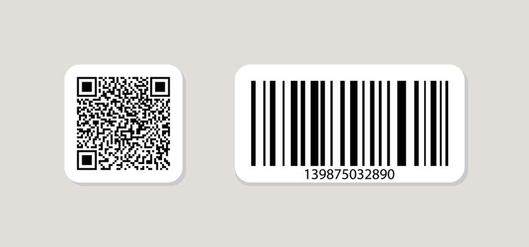 Qr code and barcode icon. Qrcode for scan. Tag for price, sku and data on product. Different logo for scanner. Square pictogram symbol for scanning application. Black binary code. Vector