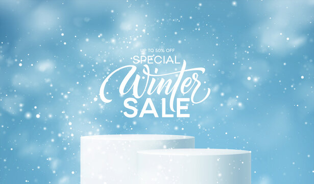 Winter Product podium on the background of drifts, snowflakes and snow. Realistic product podium for winter and christmas discount design, sale. Vector illustration