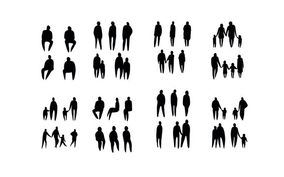 Vector Illustration, Outline Silhouettes Of People, Contour Drawing, People Silhouette, Icon Set Isolated , Silhouette Of Sitting People, Architectural Set	
