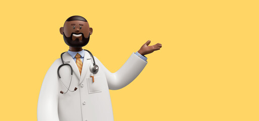 3d render. Happy doctor african cartoon character makes presentation. Clip art isolated on yellow background. Professional advice and recommendation - obrazy, fototapety, plakaty