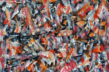 Abstract painting on pieces of paper tape. Abstract red and white spots on a multicolored background.  A dirty, scribbled wall. A study in the style of abstract expressionism.