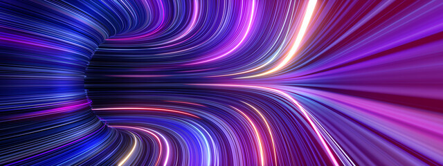 Naklejka premium 3d render, abstract panoramic background with tunnel turn. Bright purple pink neon rays and lines glowing in ultraviolet light