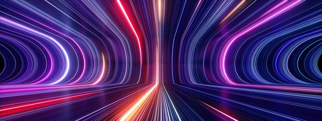 Foto auf Acrylglas 3d render, abstract panoramic neon background with glowing colorful lines © NeoLeo