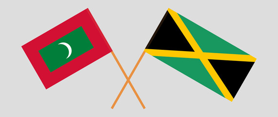 Crossed flags of Maldives and Jamaica. Official colors. Correct proportion