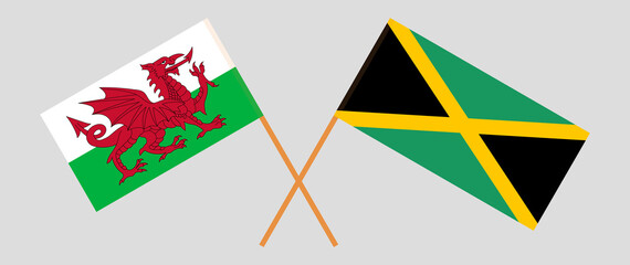 Crossed flags of Wales and Jamaica. Official colors. Correct proportion