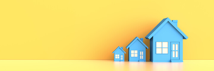 Blue house on yellow background with empty copy space on left side. Hunting and searching concept. 3D Rendering