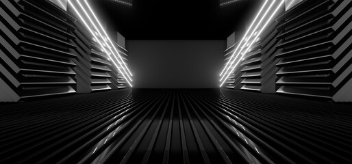 Naklejka premium A dark tunnel lit by white neon lights. Reflections on the floor and walls. 3d rendering image.
