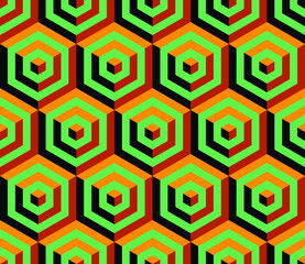 Cubes. Seamless 3D pattern. Optical illusions. Op Art. Template for fabric or wrapping. Modern textile. Geometric. Endless stylish background. Wallpapers. Red, green, orange. Luxury 3D Tiles.