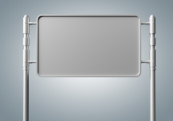 Metal construction without banner. Frame for advertising signs. Design for a banner on a gray background. Places for advertising. Empty metal rack. Metal stand your advertisement. 3d rendering.