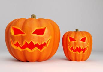 Halloween pumpkins on light-gray background. Two orange pumpkins with scary smile. Lanterns of pumpkins for celebration of Halloween. Two jack lamp on a light background. All Hallows' Eve decor