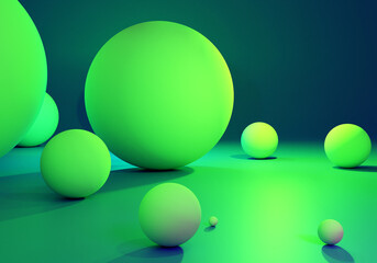 Green neon background. Background with three-dimensional balls. Abstract geometric background. Abstract wallpaper. Neon texture with balloons of different sizes. Geometric pattern. 3d image.