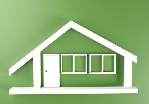 Eco house. House on green background. It symbolizes sustainability. Environmentally friendly property. Eco friendly housing. White model of house. Cottage in an ecologically clean place. 3d image.