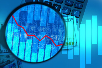 Falling return on investment. A person looks at the yield chart against the background of US dollars. American investments. Financial analysis. Chart of changes in asset prices.