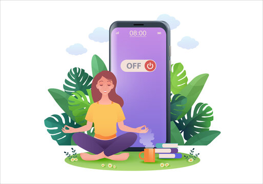 Woman meditate in lotus pose retreating from social media and internet by turning off smartphone. Digital detox concept vector illustration.