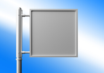 Metal stand for banner. Stand for advertising banner on blue background. Pillar with a square advertising space. Visualization of free advertising space. Empty rack for banner. 3d images