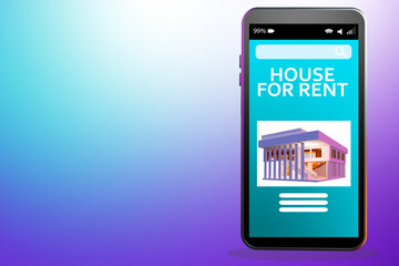 Real estate search apps interface. Mobile catalog of real estate for rent. Renting house in apps phone. Home booking via smartphone. Home rental booking. Place for text purple gradient. 3d image