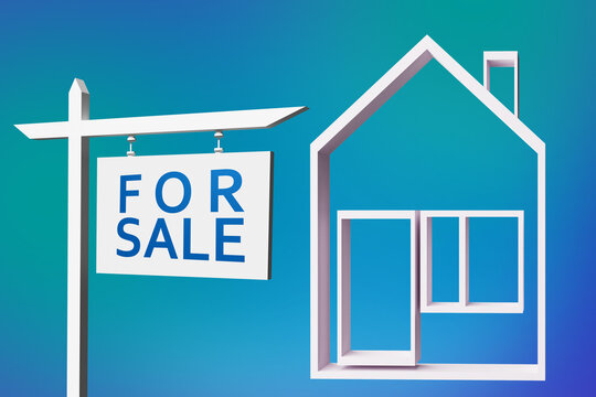 For sale sign. For sale sign near house. Sale of real estate. Volumetric silhouette of house. House model on turquoise background. Putting cottage up for selling. Realtor services concept. 3d image