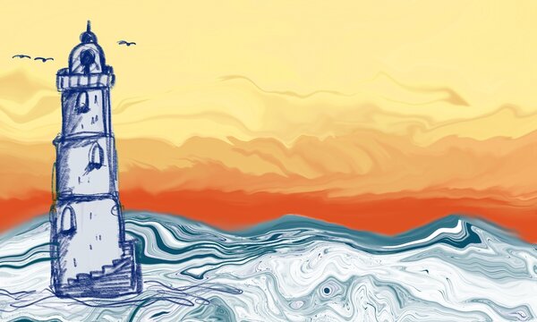 Seaview painted ocean sunset header background with lighthouse. Copy space. Painterly watercolor acrylic paint effect for modern coastal living or beacon of light social media design template