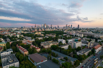 Warsaw at sunset. The capital of Poland is illuminated by a beautiful orange sun.