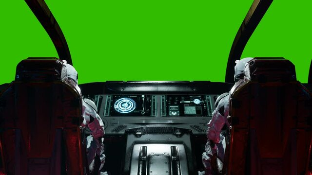 Space travelers-astronauts fly through the space portal in their interstellar spacecraft. The loopable animation with green screen is perfect for futuristic or space travel. Spaceship in a wormhole.