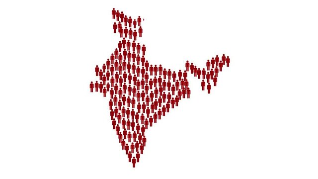 Graphic animation - red people symbols in shape of map of India , COVID-19 pandemic in India , infection spread around India country map