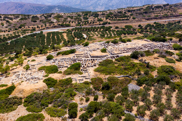 Aerial drone view of the ancient Minoan ruins at Gournia on the Greek island of Crete