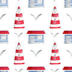 Obraz na płótnie Canvas Seamless pattern with watercolor illustrations of beach house, seagulls and lighthouse. 