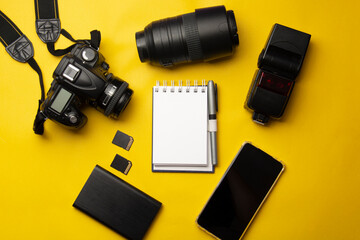 photography flat lay on yellow background