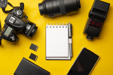 photography flat lay on yellow background