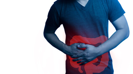 Closeup  man's body against white background, People With Stomach ache of large intestine in body ,Medical problem concept,