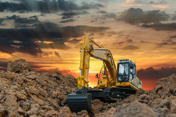 Crawler excavator digging the soil In the construction site on  sunset background - obrazy, fototapety, plakaty