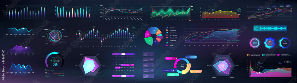 Poster futuristic graphic infographics, charts, diagrams, pie charts for ui, ux, kit. big collection infogr