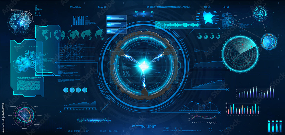 Poster Digital interface HUD in cyberpunk style. Futuristic graphic set. Circle elements, frame, charts, bars and diagrams for gaming, app and web design. Dashboard HUD, GUI, GUI. Graphical interface. Vector