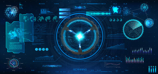 Digital interface HUD in cyberpunk style. Futuristic graphic set. Circle elements, frame, charts, bars and diagrams for gaming, app and web design. Dashboard HUD, GUI, GUI. Graphical interface. Vector