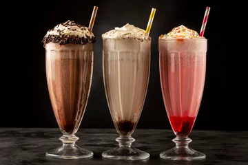 Fotobehang Three glasses of milkshake with assorted flavors. Chocolate, vanilla and strawberry milkshake. © WS Studio