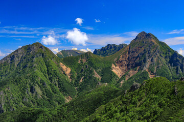 南八ヶ岳　権現岳山頂から赤岳、阿弥陀岳、横岳を望む