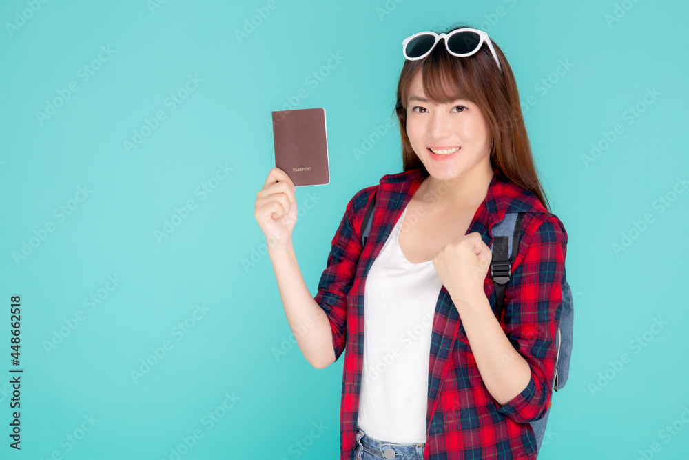 Wall mural beautiful portrait young asian woman wear sunglasses on head smile excited and enjoy summer holiday 