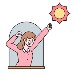 A woman is stretching out the window. outline simple vector illustration.