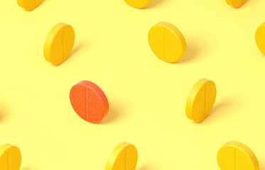 3d rendering of yellow and red pills form a grid , medication Pile up on yellow background, footage