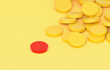 3d rendering of yellow and red pills, medication Pile up on yellow background, footage