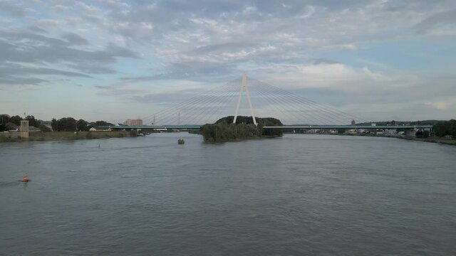 Fly over Rhine River towards Raiffeisenbrucke suspension bridge, Rhineland-Palatinate, Germany